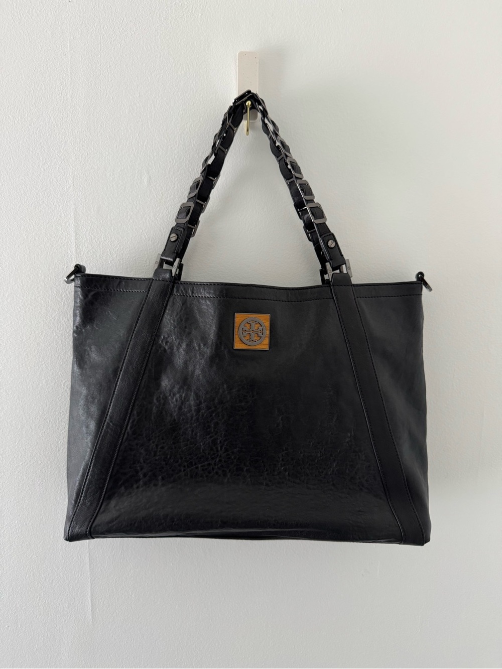 Tory Burch Fleming Black Leather Tote with Logo Patch and Chain-Detail Straps